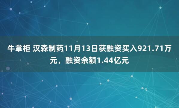牛掌柜 汉森制药11月13日获融资买入921.71万元，融资余额1.44亿元